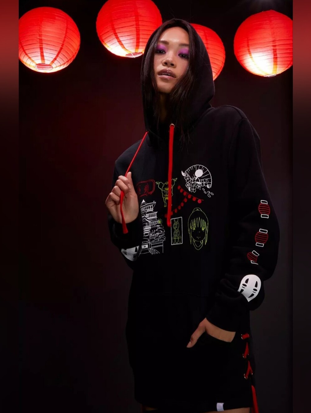 Studio Ghibli Spirited Away Icons Hoodie in Black & Red Size L